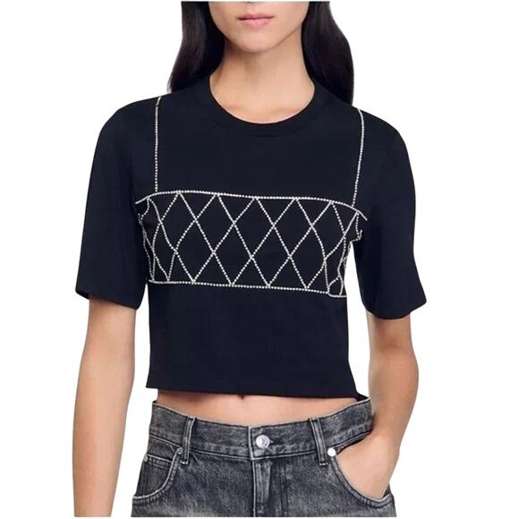 Sandro Diamond Cropped Black T-shirt, Short Sleeves, size 1 small - Picture 2 of 12